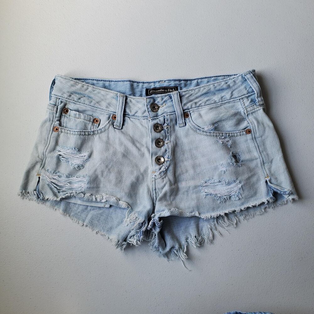 Y2K Abercrombie & Fitch Shorts Womens 25 Blue Distressed Denim Cutoff High Rise
